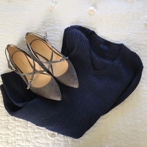 Navy Blue Cable Knit V-neck Sweater